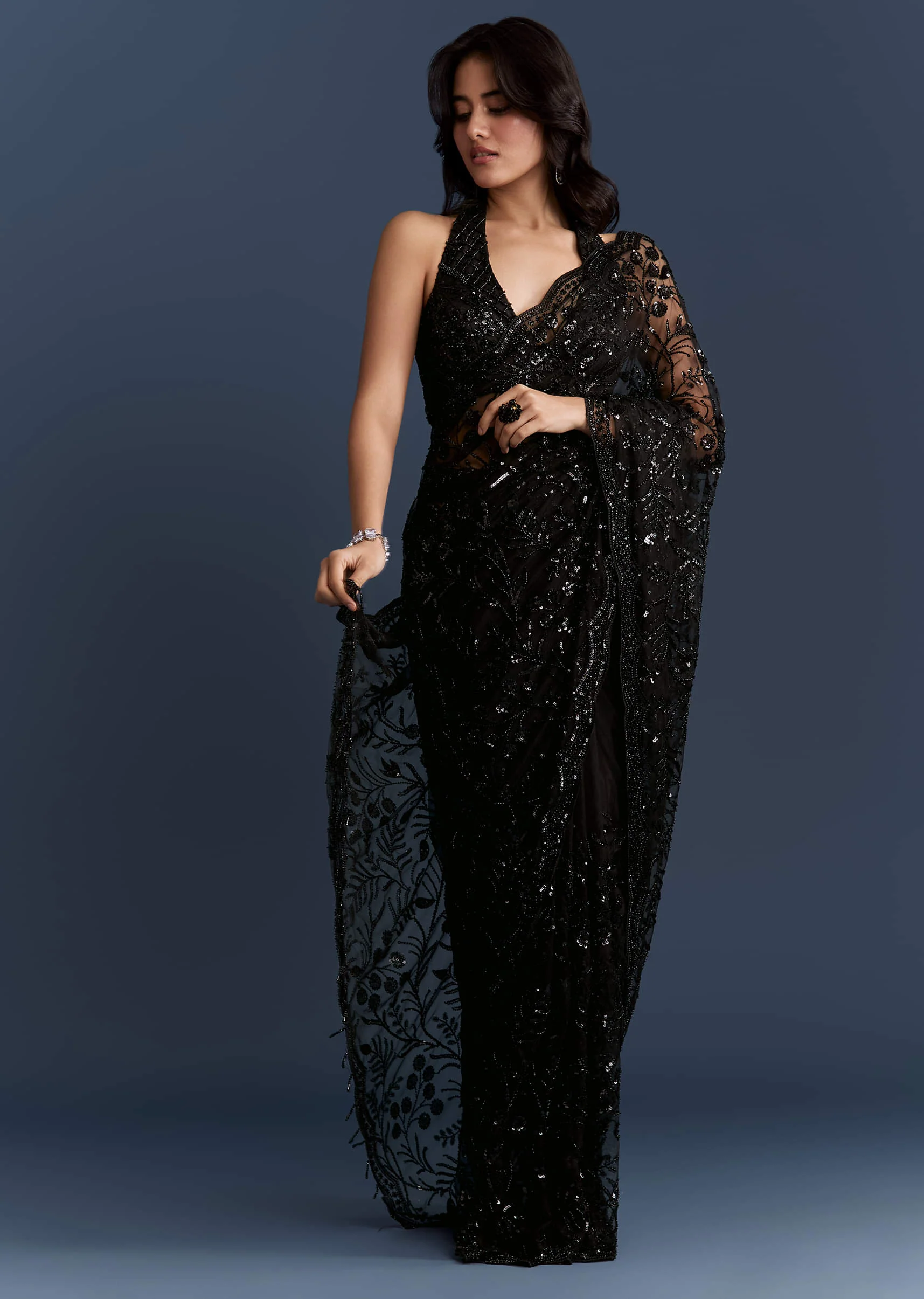 Black Net Saree With Intricate Floral Sequins Embroidery