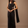 Black Satin Saree With Hand Embroidered Blouse With Fringes On The Hem