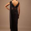 Black Satin Saree With Hand Embroidered Blouse With Fringes On The Hem