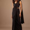 Black Satin Saree With Hand Embroidered Blouse With Fringes On The Hem