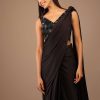 Black Satin Saree With Hand Embroidered Blouse With Fringes On The Hem