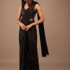 Black Satin Saree With Hand Embroidered Blouse With Fringes On The Hem