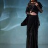 Black Satin Polyester Crush Saree With Mesh Blouse