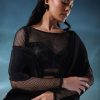 Black Satin Polyester Crush Saree With Mesh Blouse