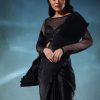 Black Satin Polyester Crush Saree With Mesh Blouse
