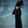 Black Satin Polyester Crush Saree With Mesh Blouse