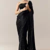 Black Floral Motif Cutdana Embellished Saree with Unstitched Blouse