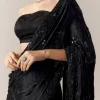 Black Floral Motif Cutdana Embellished Saree with Unstitched Blouse