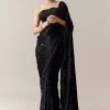 Black Floral Motif Cutdana Embellished Saree with Unstitched Blouse