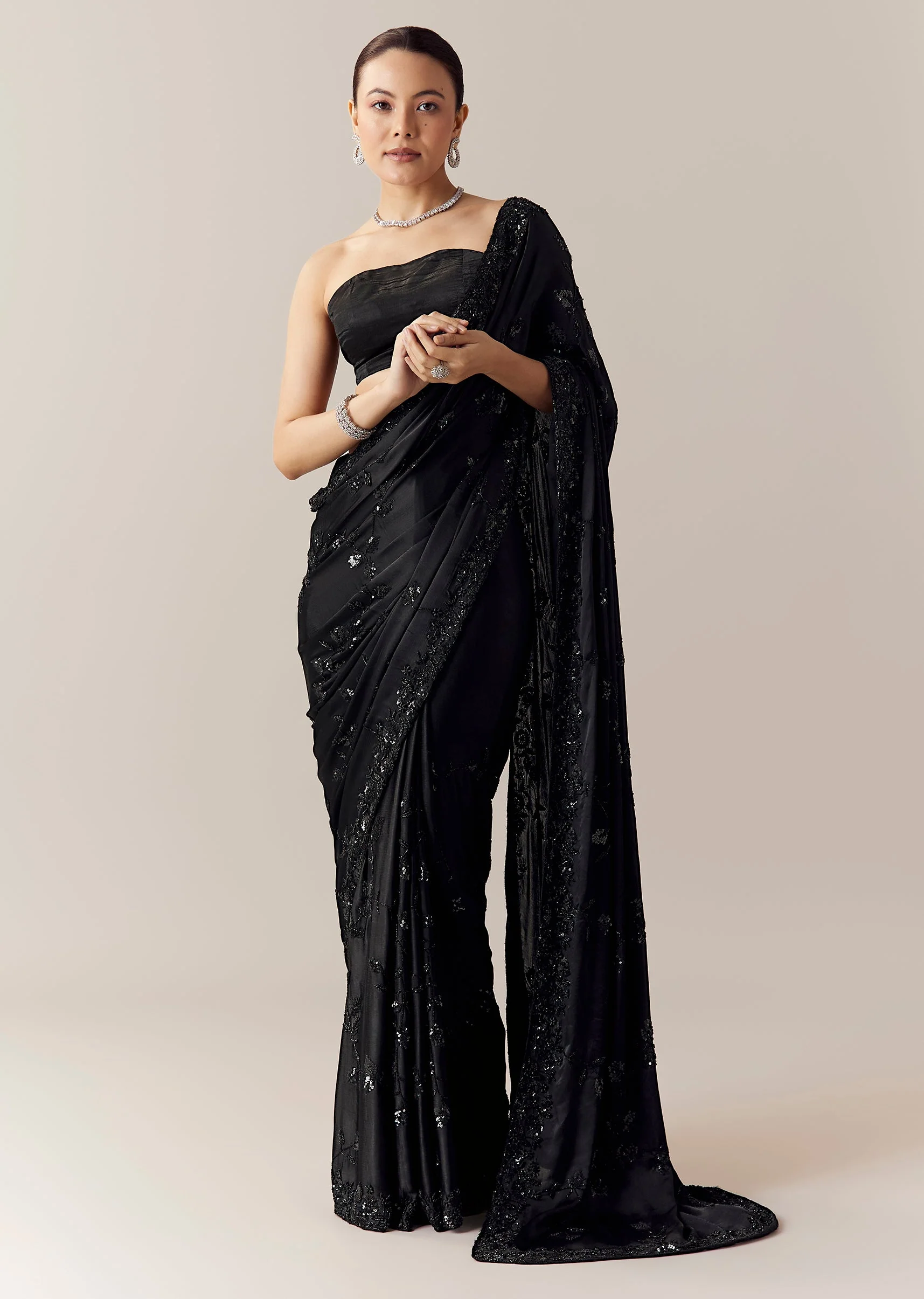 Black Floral Motif Cutdana Embellished Saree with Unstitched Blouse