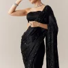 Black Floral Motif Cutdana Embellished Saree with Unstitched Blouse