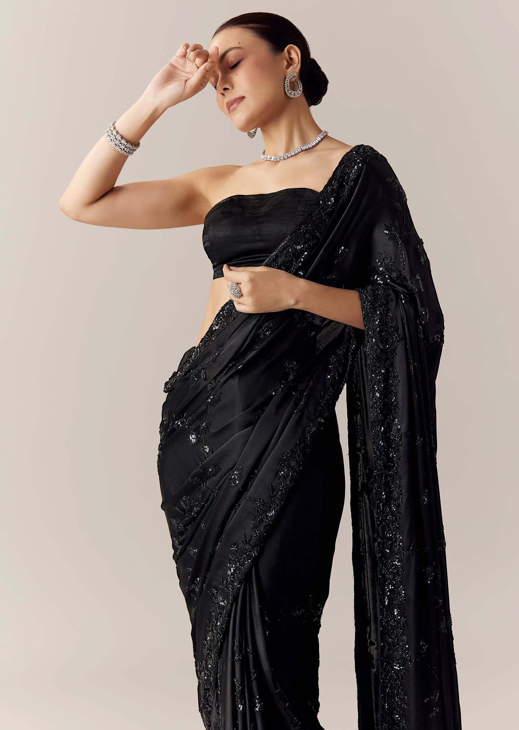 Black Floral Motif Cutdana Embellished Saree with Unstitched Blouse