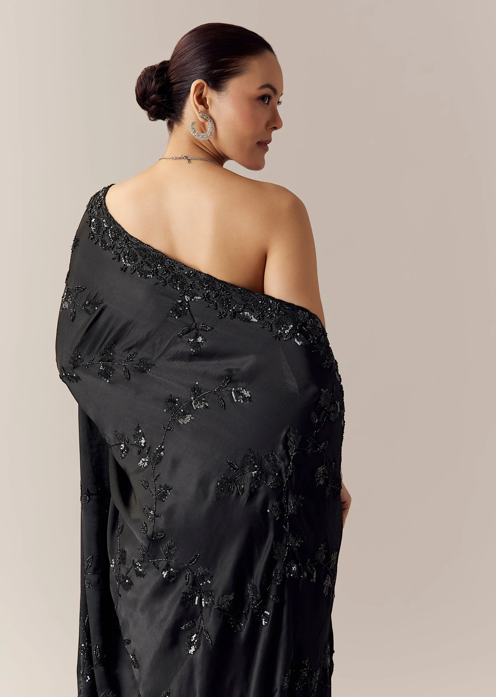 Black Floral Motif Cutdana Embellished Saree with Unstitched Blouse