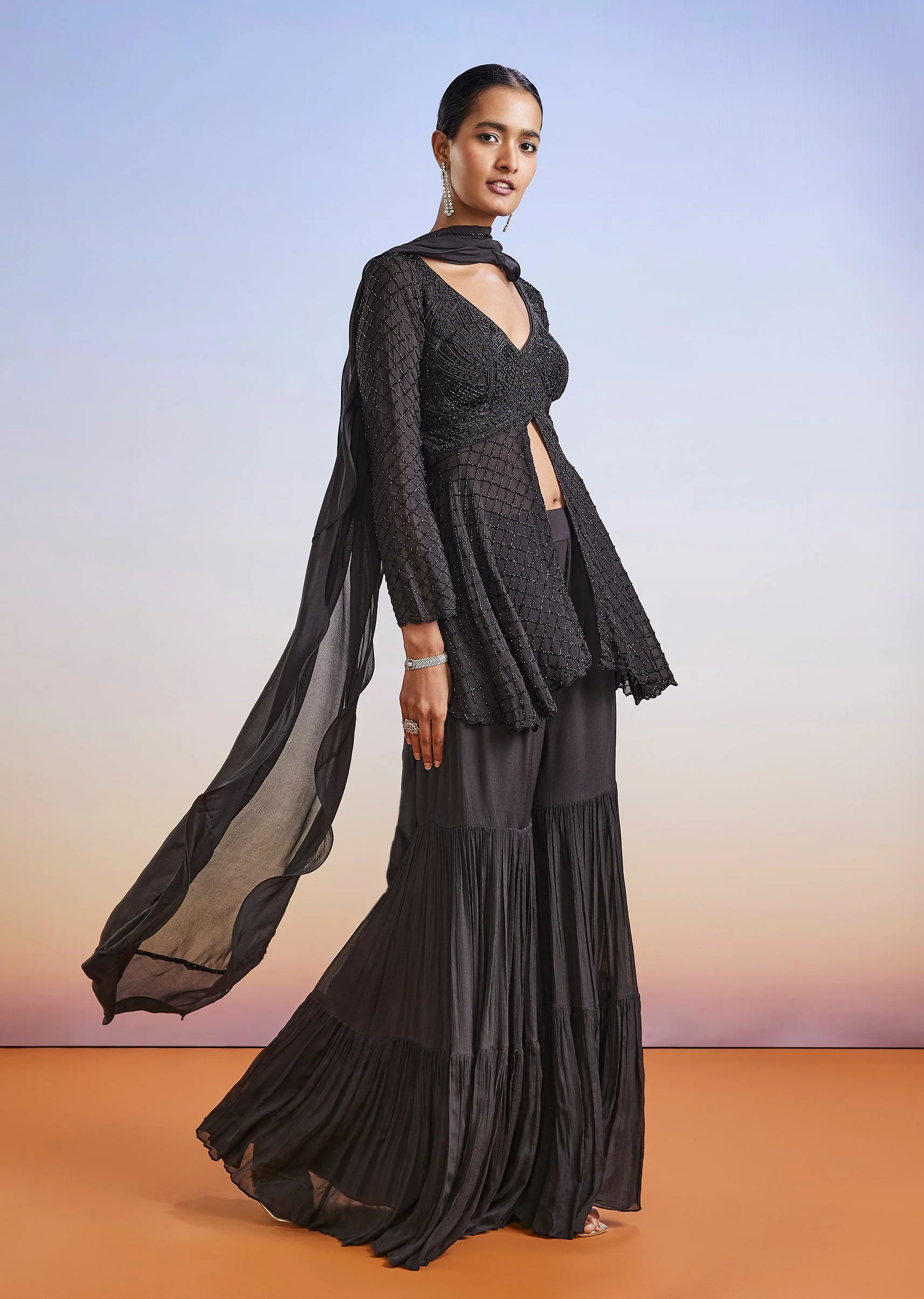 Black Embroidered Chinon Sharara Suit With Peplum Kurta