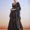 Black Embroidered Chinon Sharara Suit With Peplum Kurta