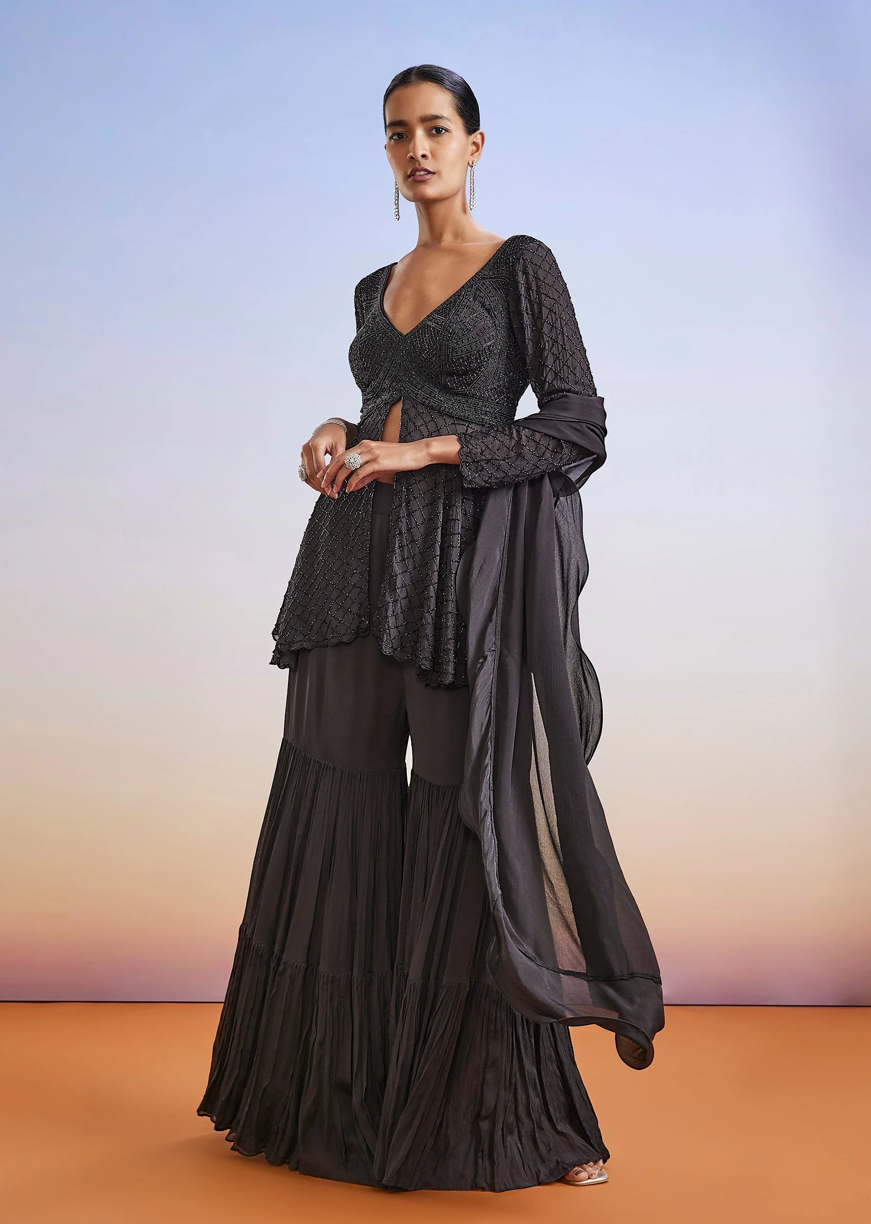 Black Embroidered Chinon Sharara Suit With Peplum Kurta