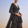 Black Embroidered Chinon Sharara Suit With Peplum Kurta