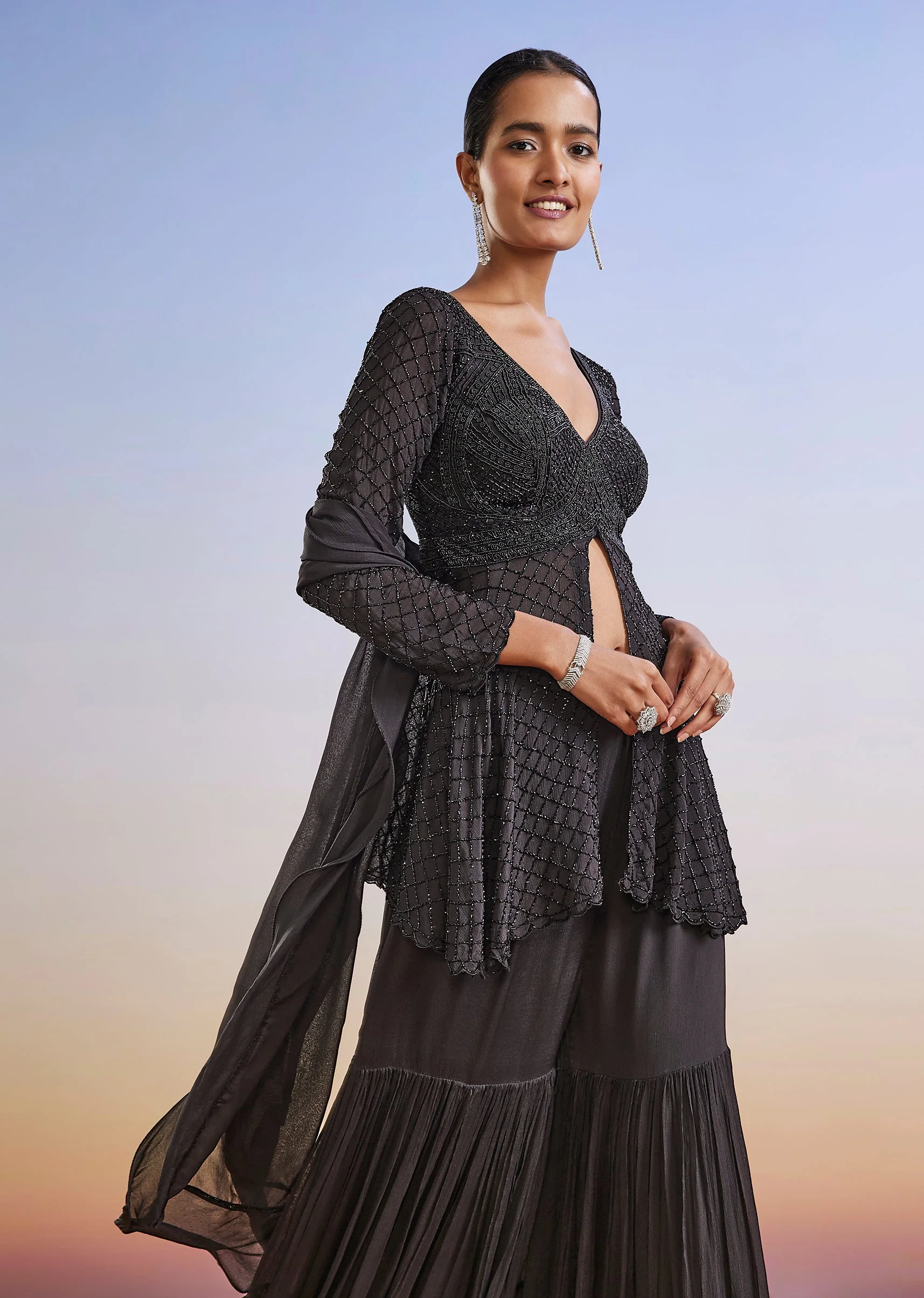 Black Embroidered Chinon Sharara Suit With Peplum Kurta
