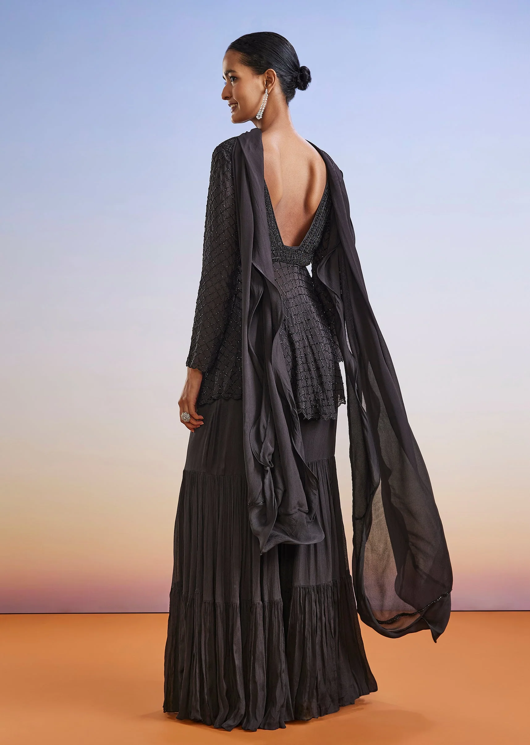 Black Embroidered Chinon Sharara Suit With Peplum Kurta