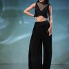 Black Butterfly Mesh Blouse And Palazzo Set In Satin