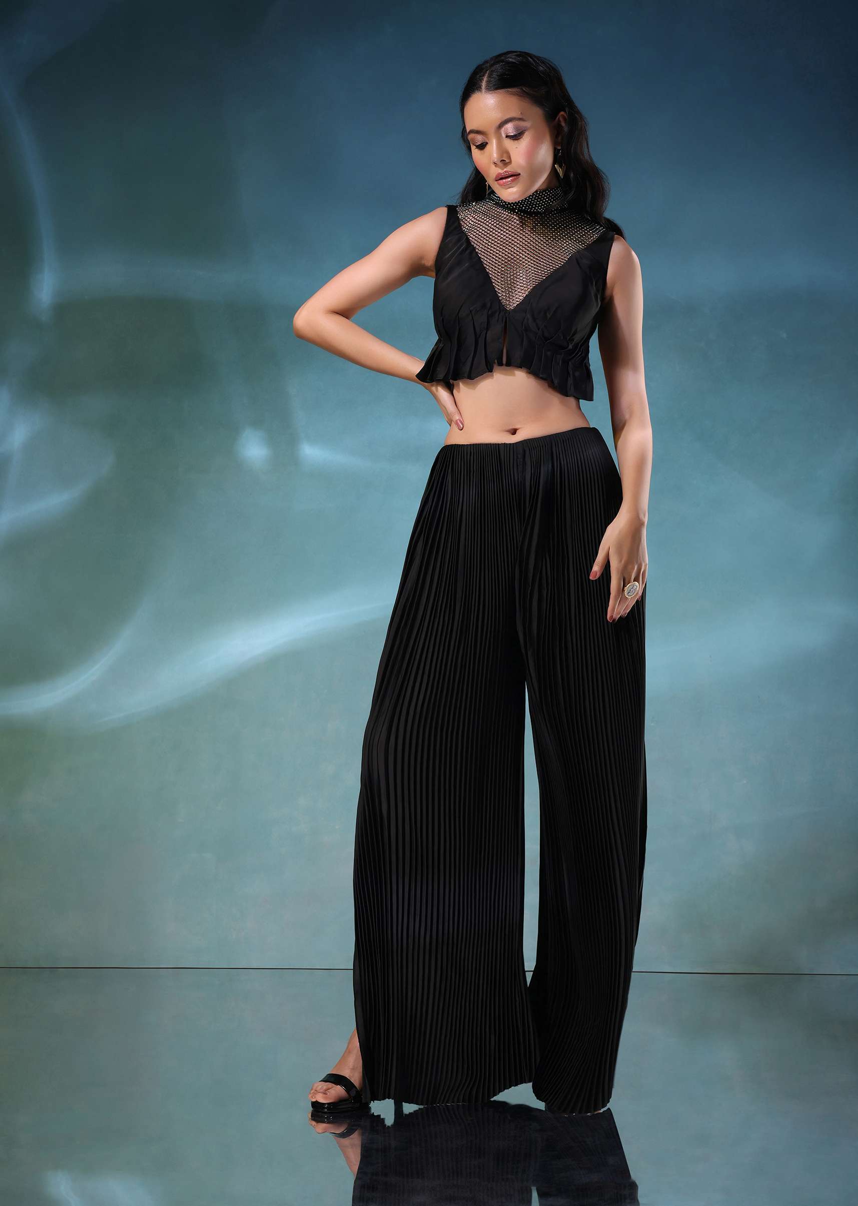 3815-black-butterfly-mesh-blouse-and-palazzo-set-in-satin-1.jpg Black Butterfly Mesh Blouse And Palazzo Set In Satin