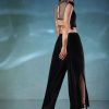 Black Butterfly Mesh Blouse And Palazzo Set In Satin