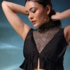 Black Butterfly Mesh Blouse And Palazzo Set In Satin