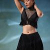 Black Butterfly Mesh Blouse And Palazzo Set In Satin