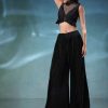 Black Butterfly Mesh Blouse And Palazzo Set In Satin
