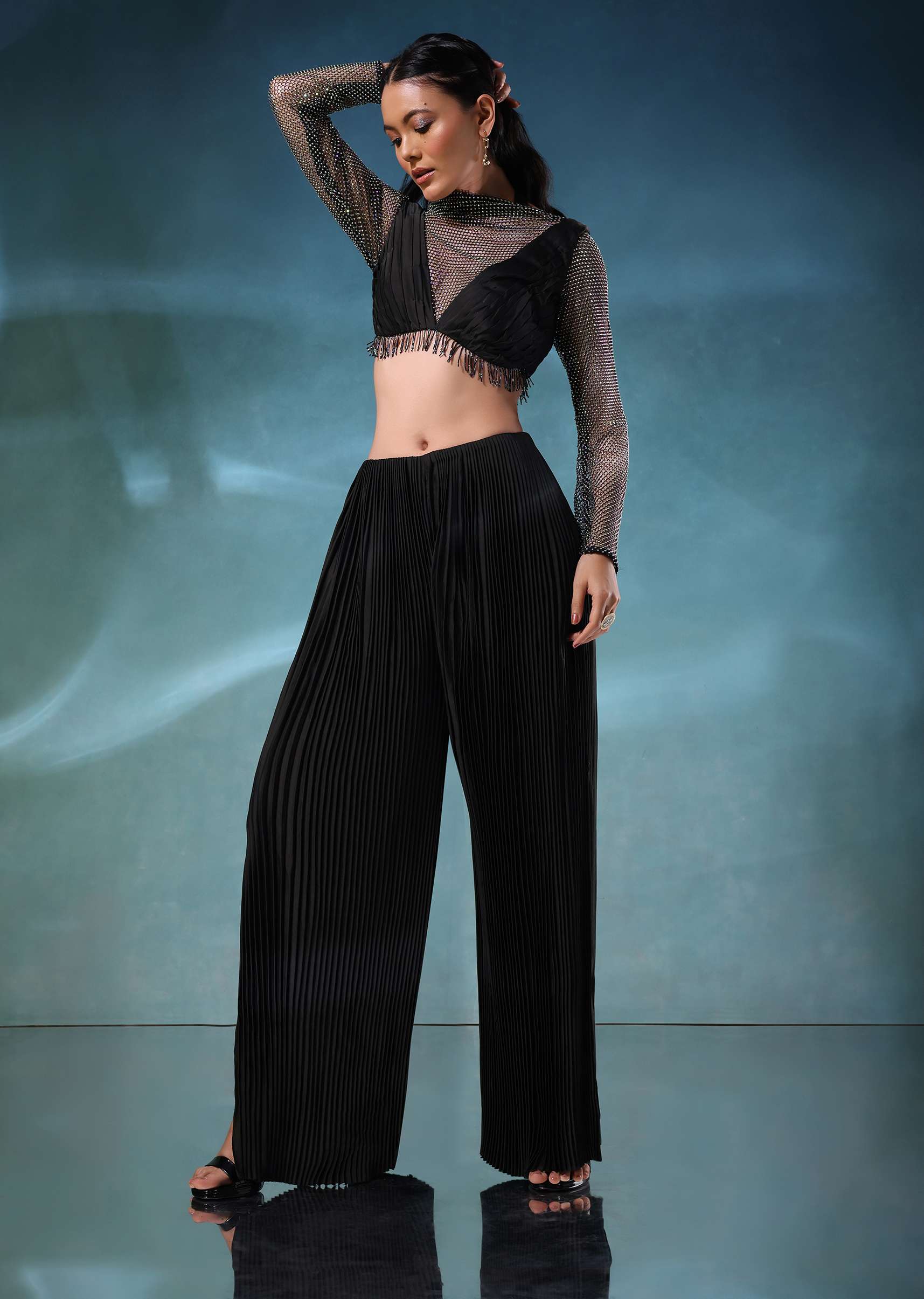 3830-black-mesh-blouse-and-palazzo-set-in-satin-1.jpg Black Mesh Blouse And Palazzo Set In Satin