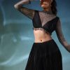 Black Mesh Blouse And Palazzo Set In Satin