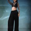 Black Mesh Blouse And Palazzo Set In Satin
