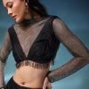 Black Mesh Blouse And Palazzo Set In Satin