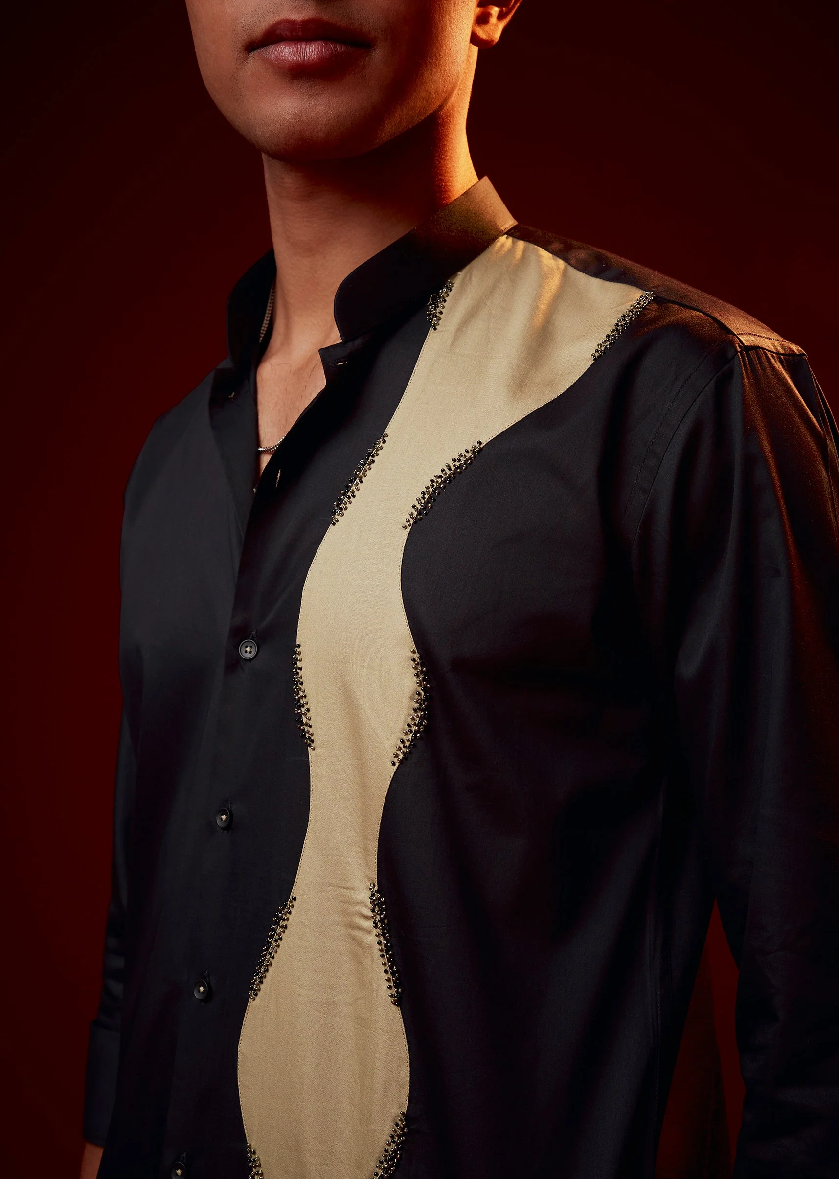Black Patch Work Embellished Party Shirt