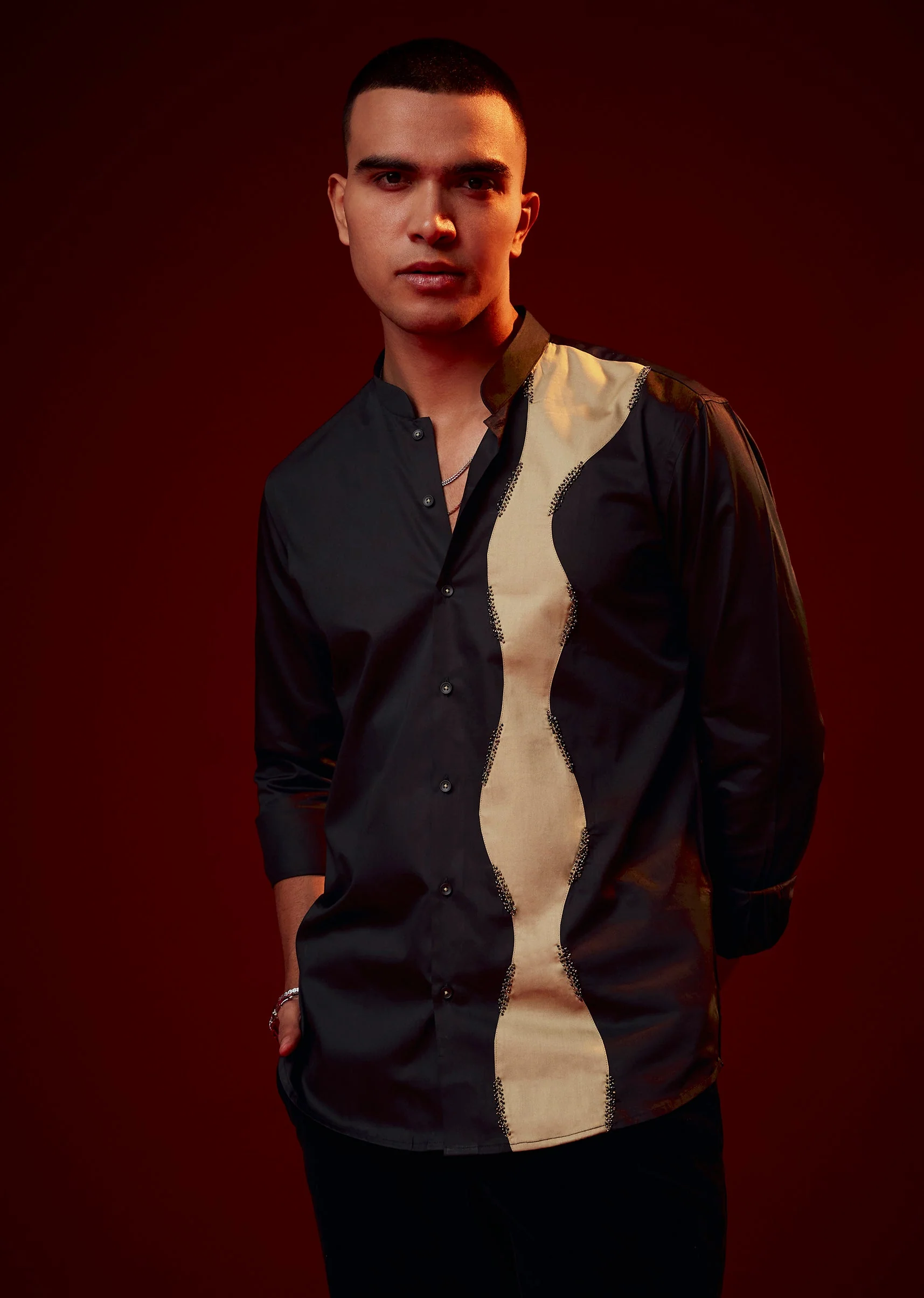 Black Patch Work Embellished Party Shirt