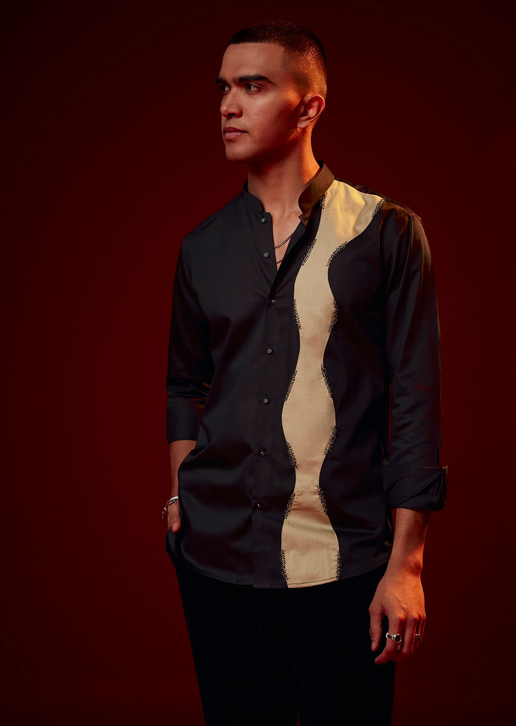 Black Patch Work Embellished Party Shirt