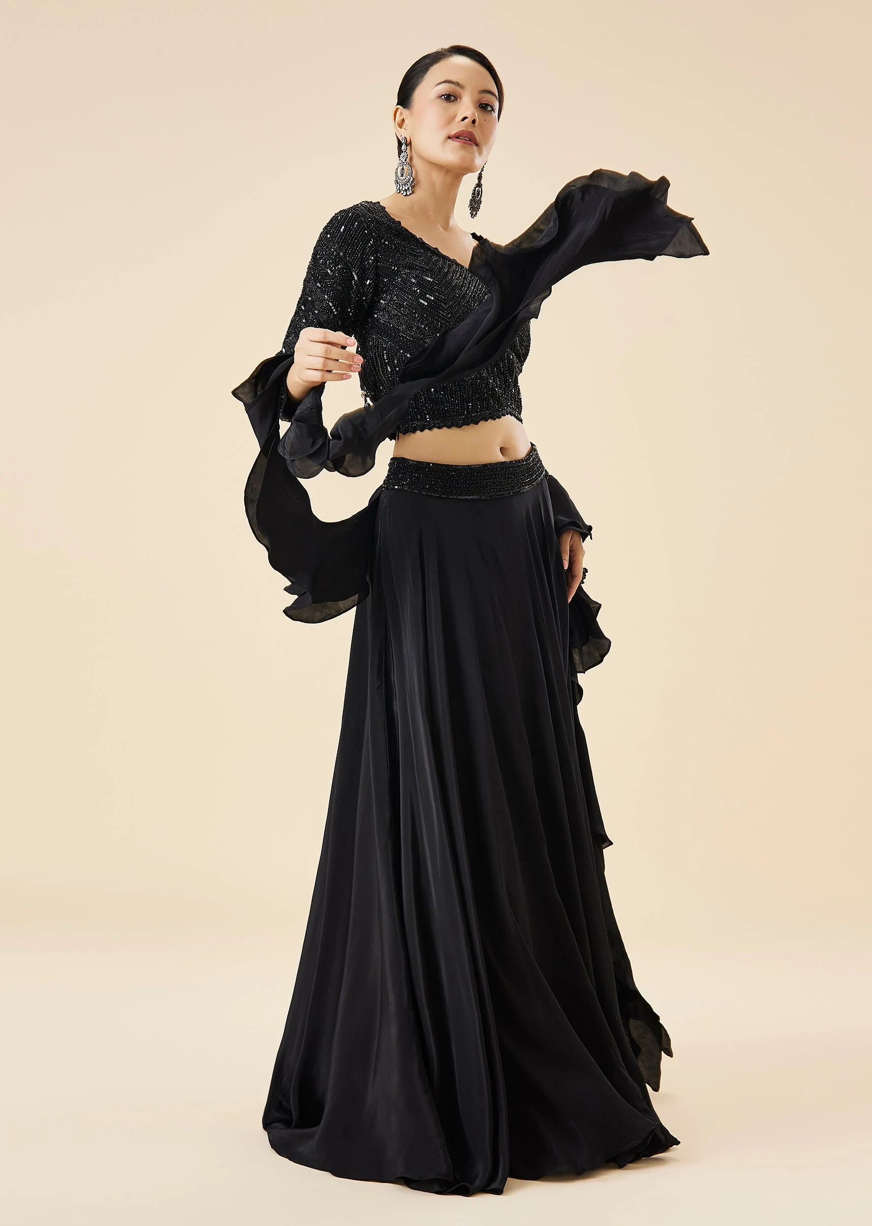 3854-black-fusion-lehenga-set-with-ruffle-dupatta-1.webp Black Fusion Lehenga Set With Ruffle Dupatta