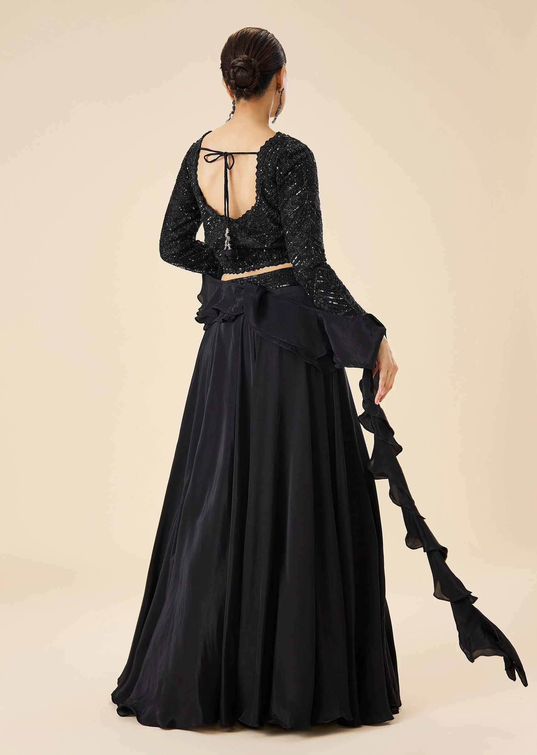 Black Fusion Lehenga Set With Ruffle Dupatta
