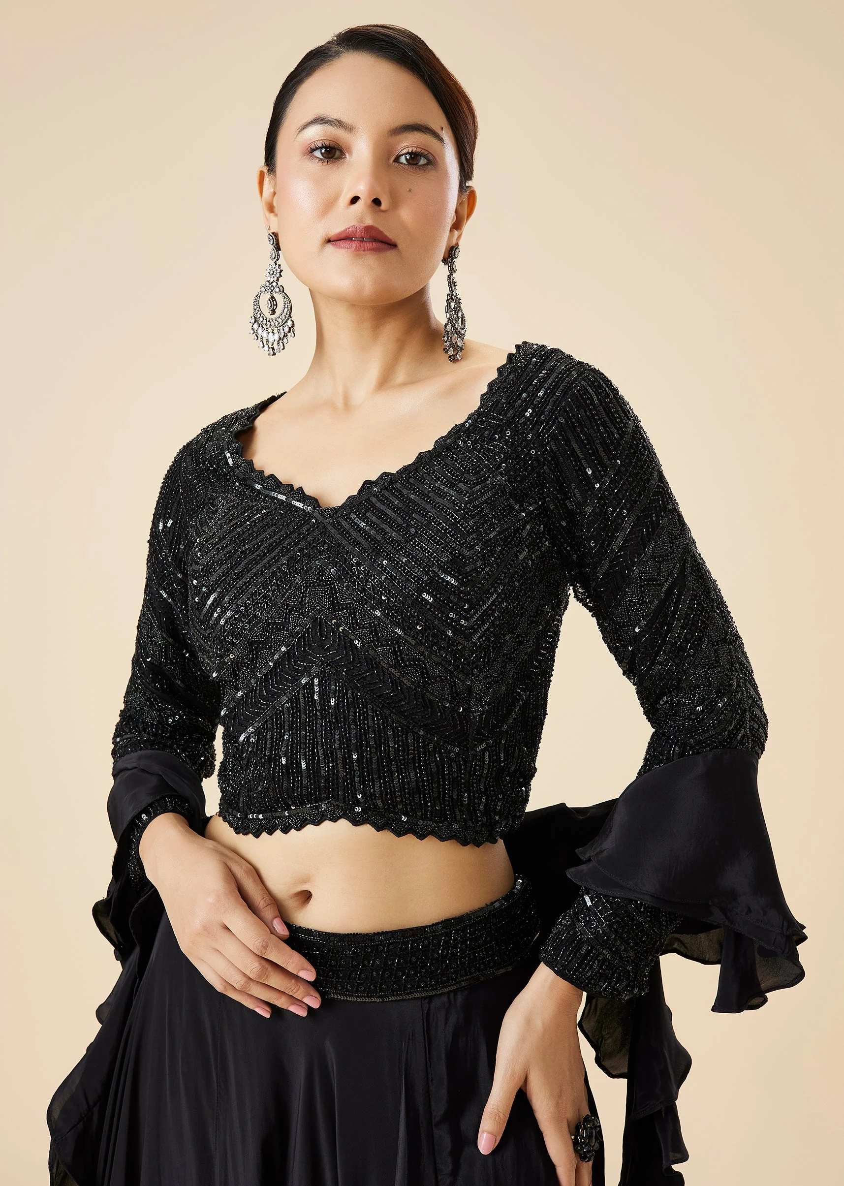 Black Fusion Lehenga Set With Ruffle Dupatta