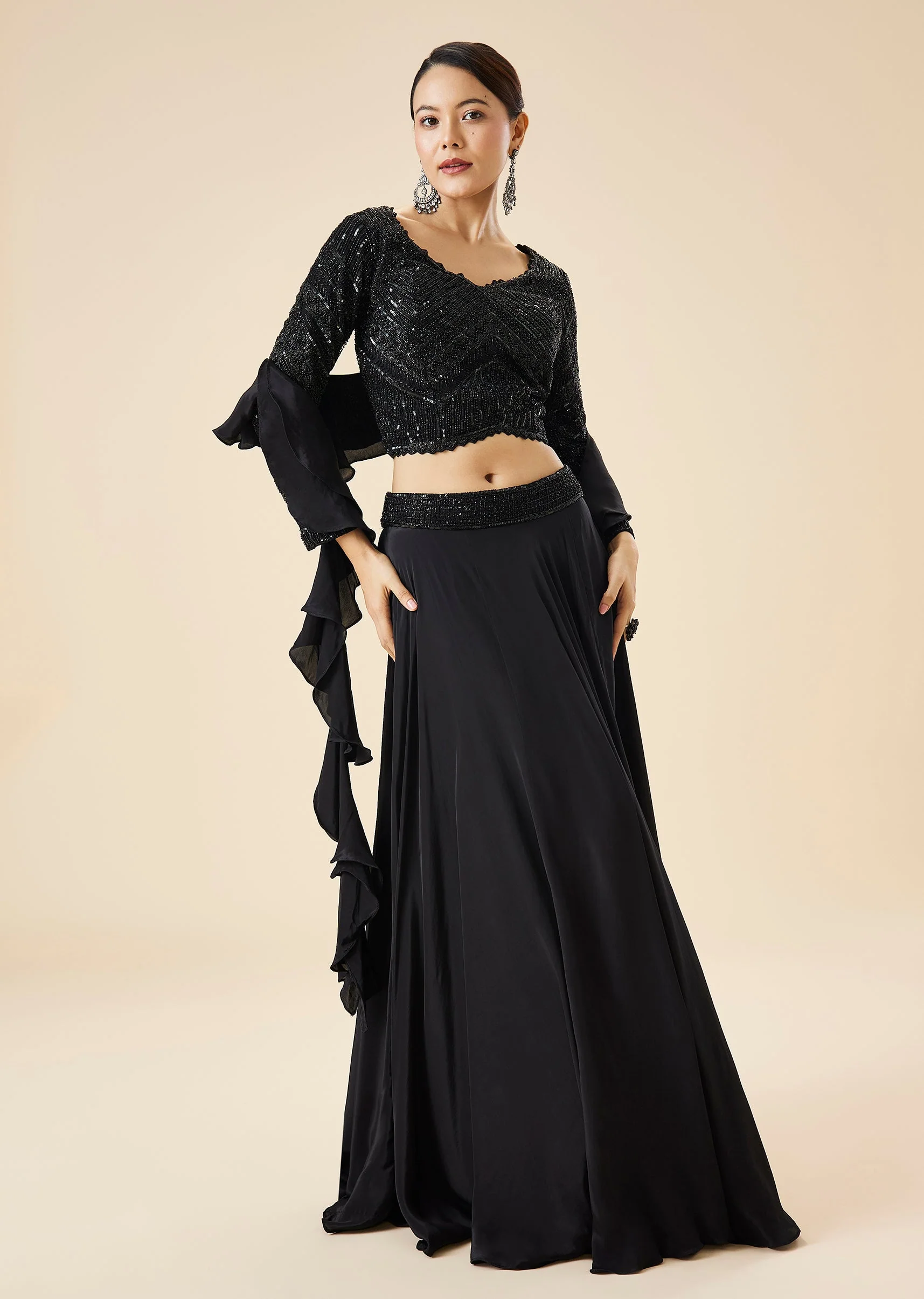 Black Fusion Lehenga Set With Ruffle Dupatta