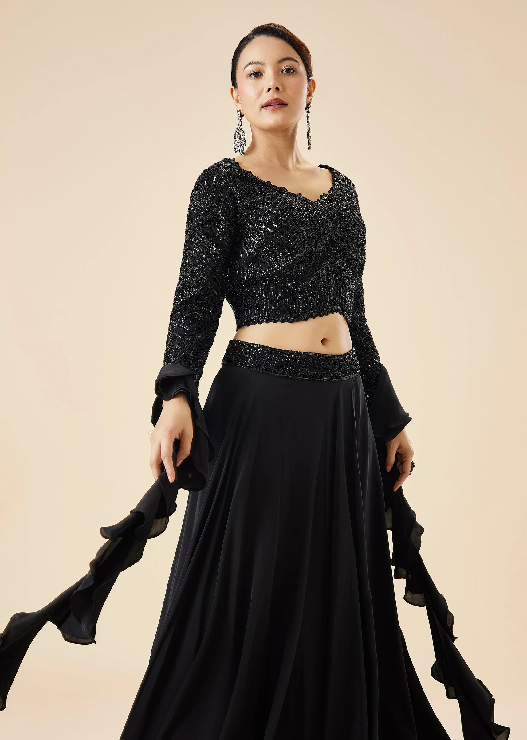 Black Fusion Lehenga Set With Ruffle Dupatta