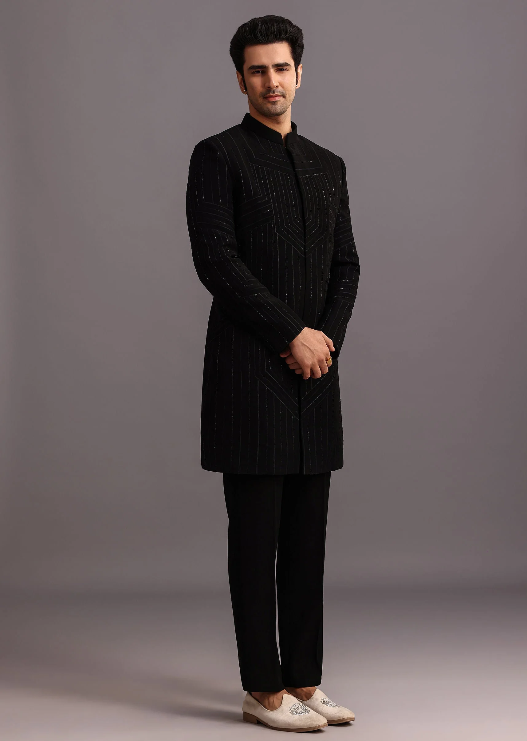 Black Cutdana Indowestern Trouser Suit