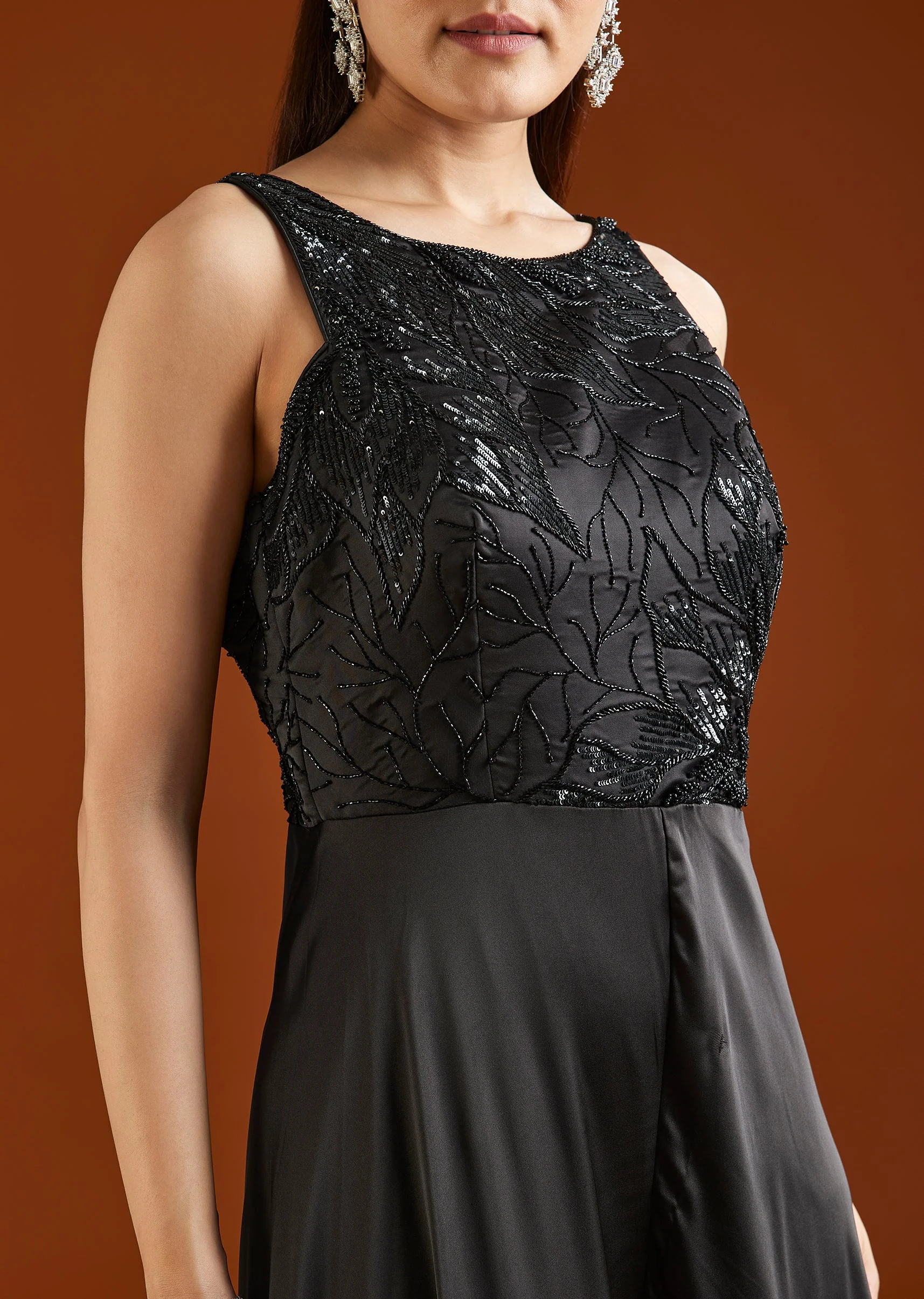 Black Embellished Satin Jumpsuit