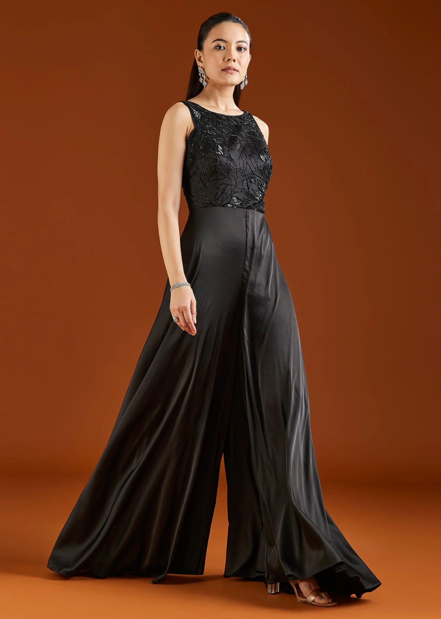 Black Embellished Satin Jumpsuit
