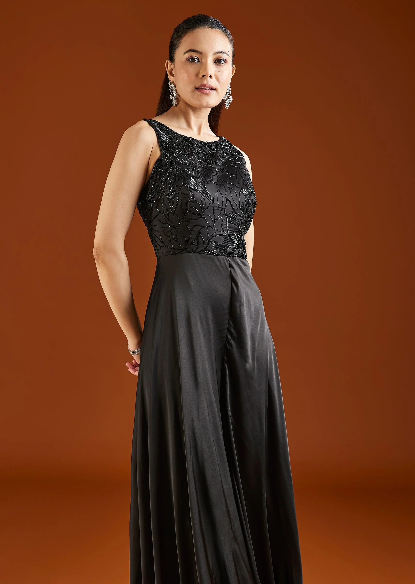Black Embellished Satin Jumpsuit