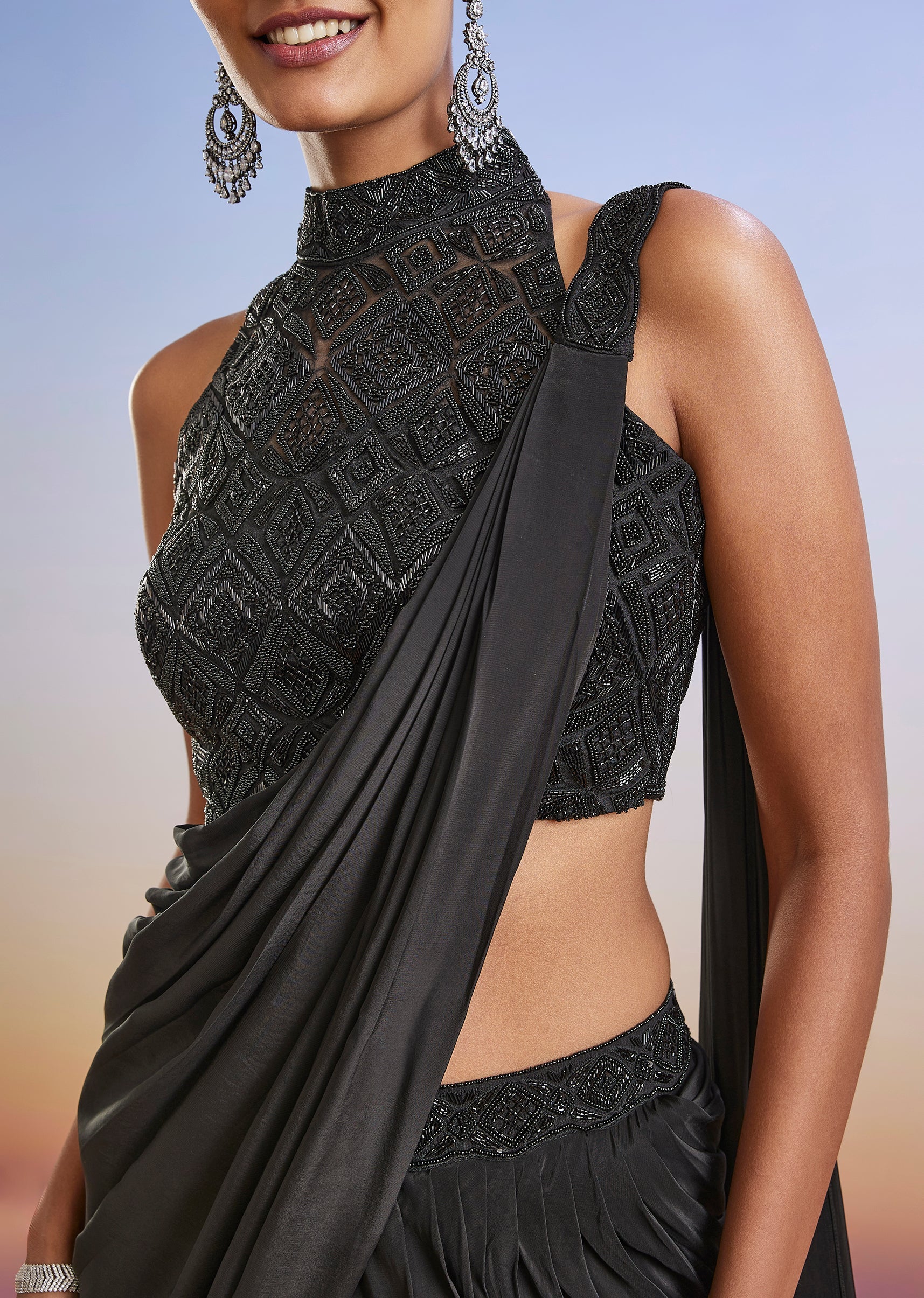 Black Beaded Embroidered Ready Pleated Saree With Blouse