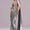 Black And Grey Ready Pleated Sequins Saree Set With Cowl Neck Blouse