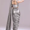 Black And Grey Ready Pleated Sequins Saree Set With Cowl Neck Blouse