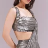 Black And Grey Ready Pleated Sequins Saree Set With Cowl Neck Blouse