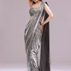 Black And Grey Ready Pleated Sequins Saree Set With Cowl Neck Blouse